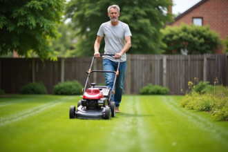 Homme d'âge moyen tondant la pelouse dans un jardin