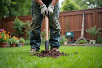 Homme en vêtements de travail utilisant un aérateur de sol dans un jardin
