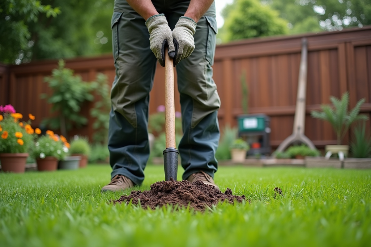 Homme en vêtements de travail utilisant un aérateur de sol dans un jardin