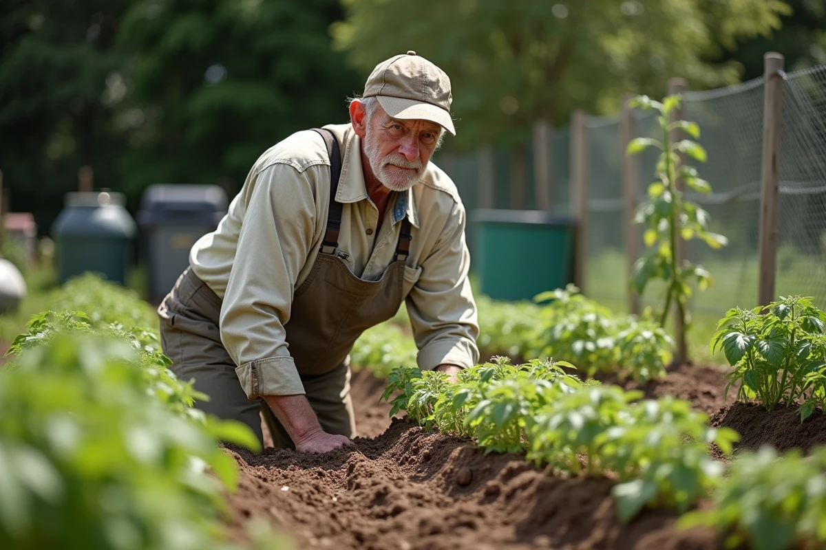 Homme âgé inspectant ses plants de tomates dans le jardin