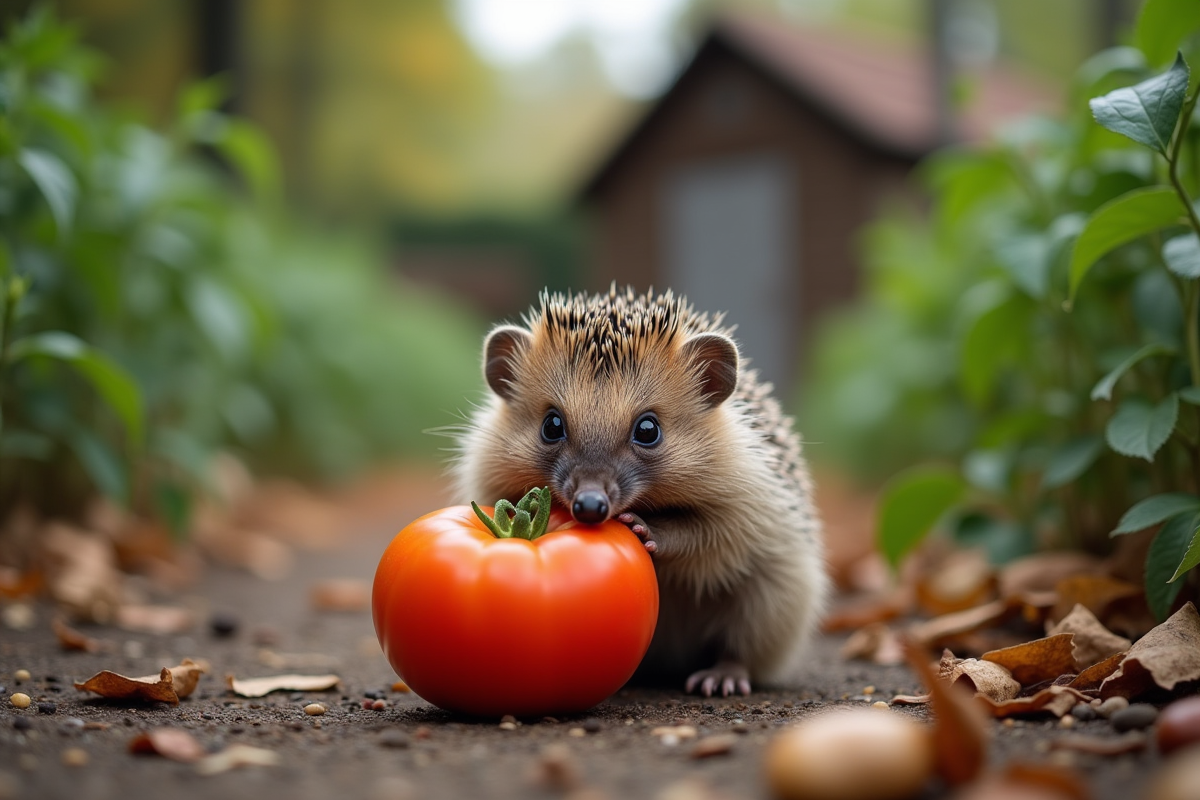 Hérisson mangeant une tomate mûre dans un jardin