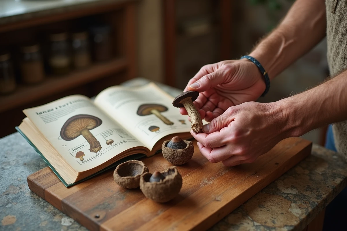 Mains d'un homme examinant une trompette de la mort fraîche à côté d'un guide d'identification des champignons sur une table de cuisine rustique