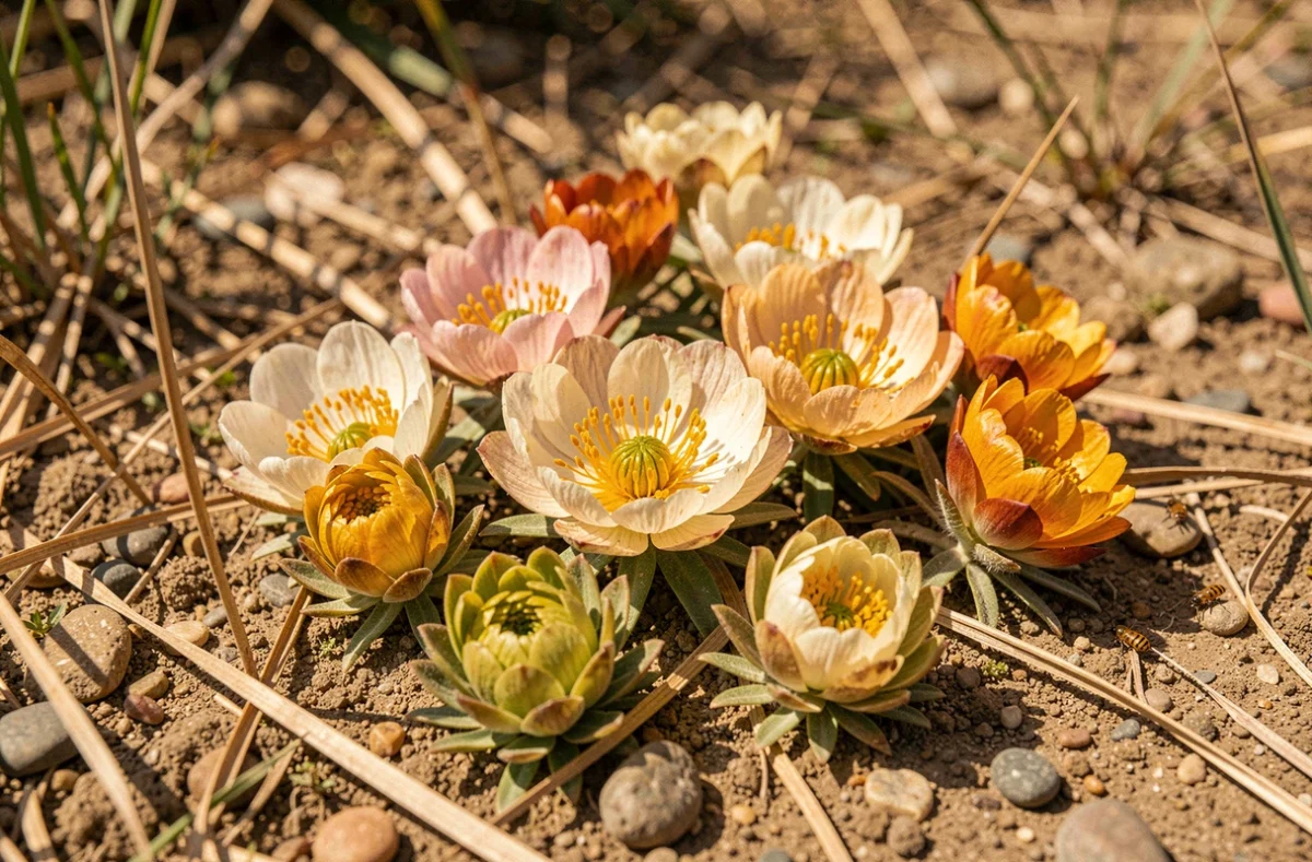 Gros plan sur des immortelles et rosettes en fleurs dans un sol sableux et sec d'un jardin ensoleillé
