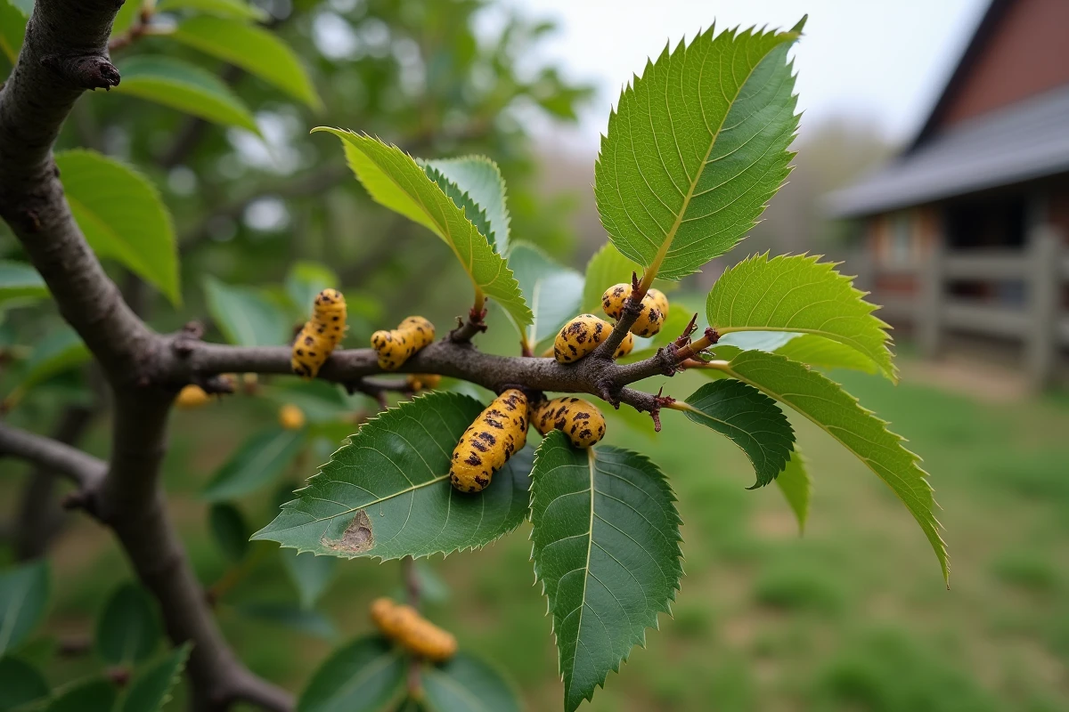 Arbres fruitiers infestés par des chenilles jaunes avec dégâts sur les feuilles dans un verger rural