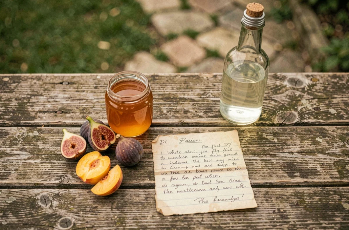 Ingrédients naturels pour préparer un appât anti-mouches maison disposés sur une table en bois de jardin à la campagne
