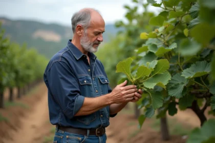 Homme inspectant une feuille de figuier dans un verger