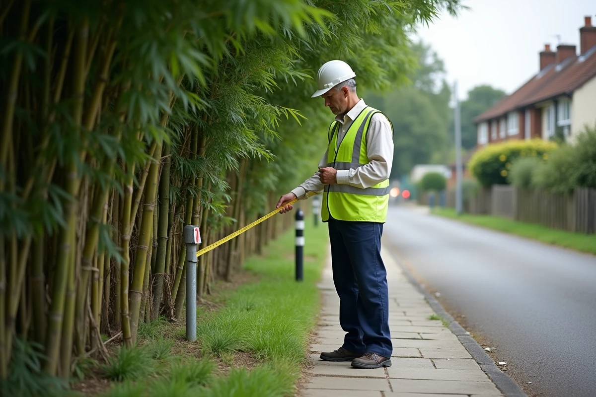 Agent vérifiant une rangée de bambous en village