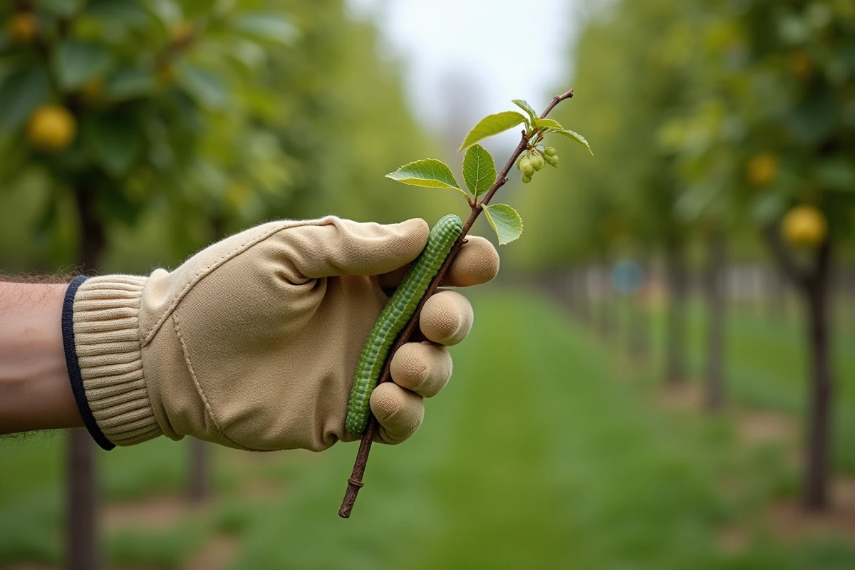 Main d'un jardinier inspectant des chenilles vertes sur une branche de poirier dans un jardin fruitier