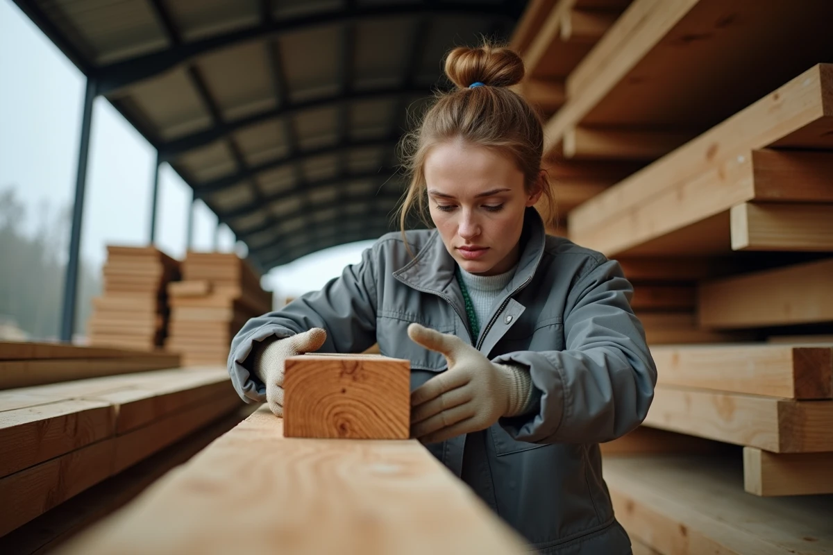 Femme inspectant le fil du bois et les fissures d'une poutre de chêne chez un marchand de bois en plein air