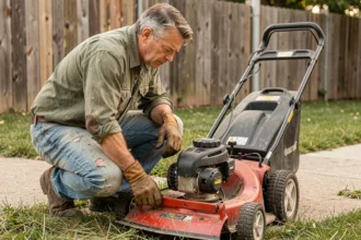 Homme inspectant le système de lame d'un tracteur tondeuse thermique dans un jardin résidentiel