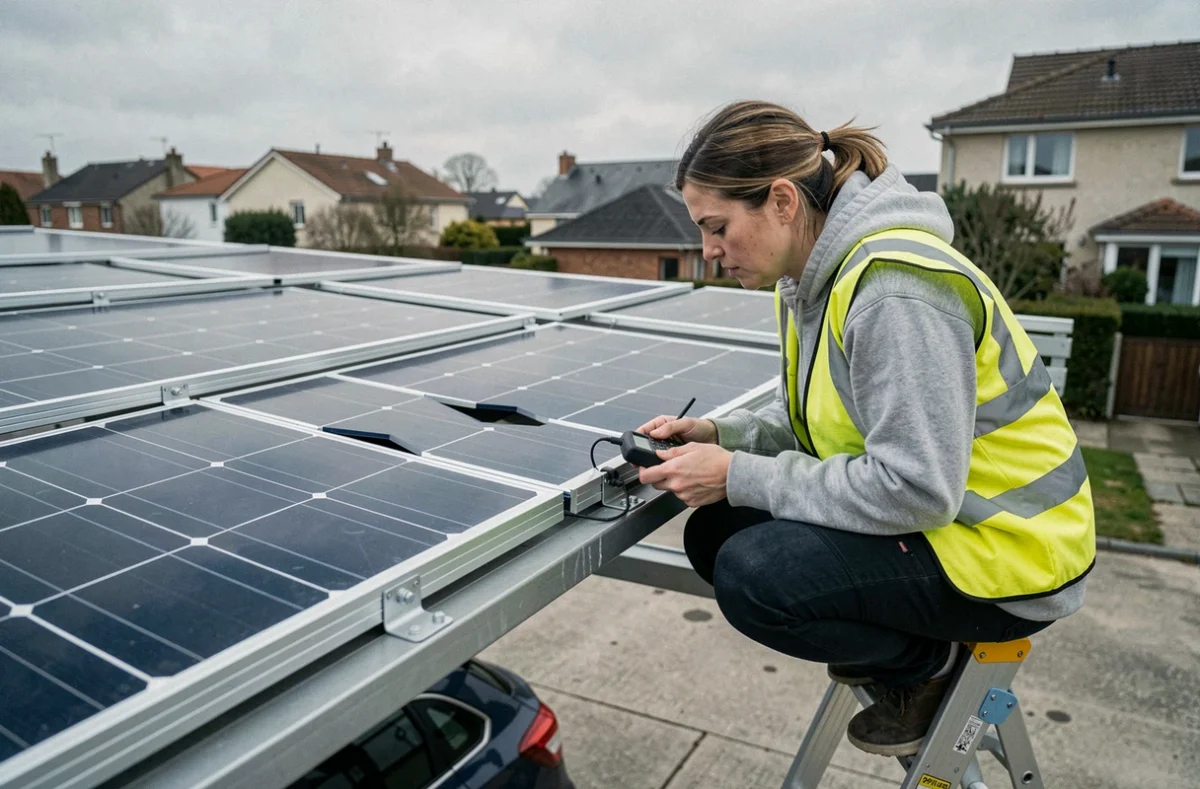 Technicienne inspectant des panneaux solaires mal installés sur une pergola carport à Geispolsheim, défauts de montage compromettant la production photovoltaïque