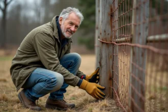 Homme examinant un vieux poteau de clôture en bois avant de poser un grillage sans ciment dans un jardin rural
