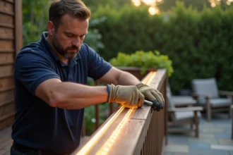 Homme installant une bande LED solaire extérieure sur une rambarde en bois de terrasse