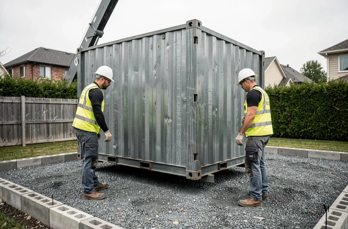 Livraison et installation d'un conteneur abri de jardin par des ouvriers sur fondation en gravier
