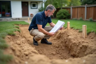Installateur de piscine coque examinant les plans devant une excavation de jardin en cours de préparation
