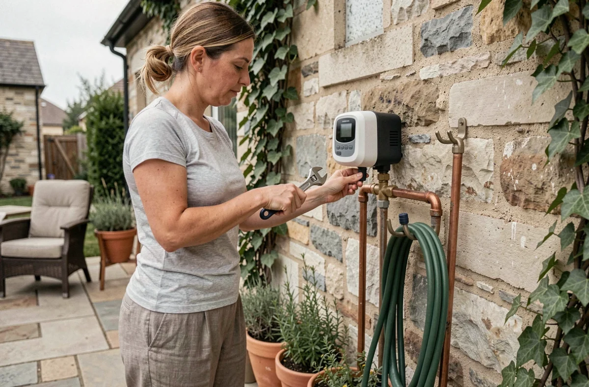 Femme installant un programmateur d'arrosage connecté sur une installation existante en cuivre sur mur extérieur