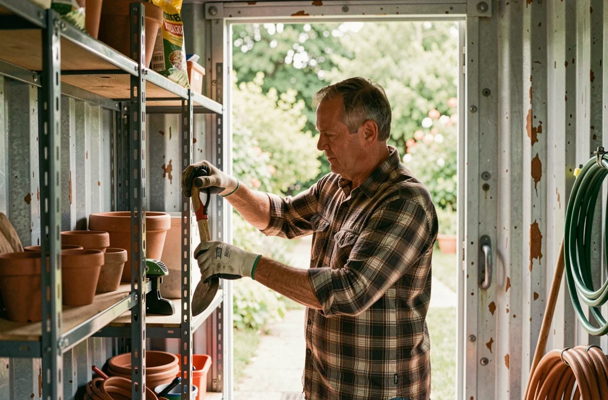Intérieur d'un conteneur abri de jardin aménagé avec rangements d'outils et étagères métalliques