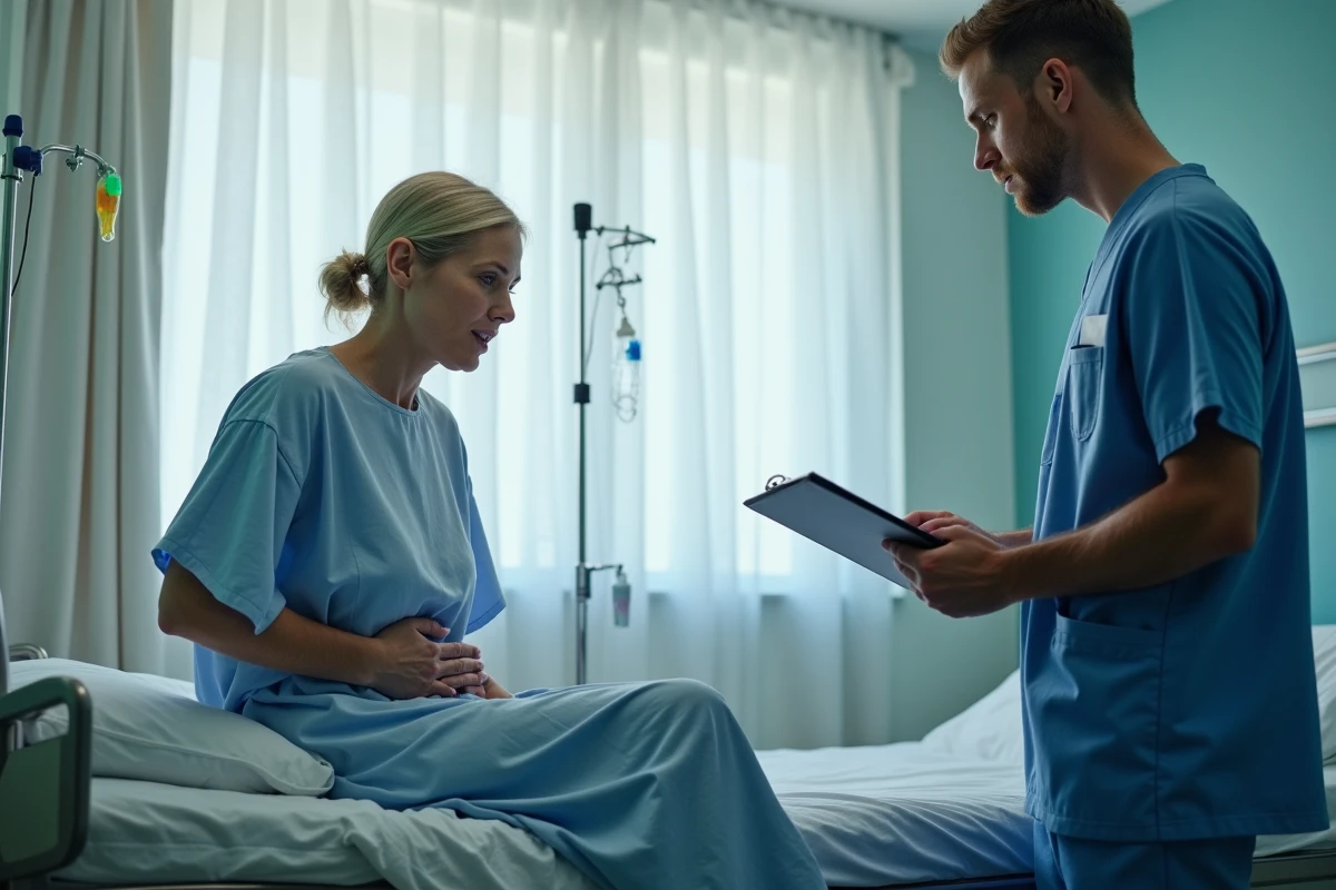 Femme adulte aux urgences souffrant d'intoxication alimentaire aux champignons, consultée par un infirmier dans un service hospitalier