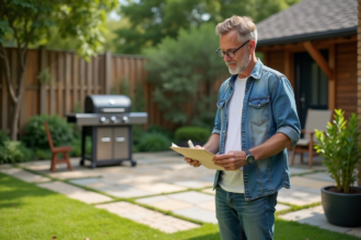 Homme méditant sur un aménagement de jardin en été