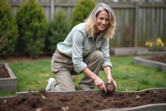 Femme plantant des tubers de belle de nuit dans un jardin