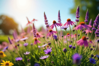 Jardin coloré avec lavande et echinacea au soleil