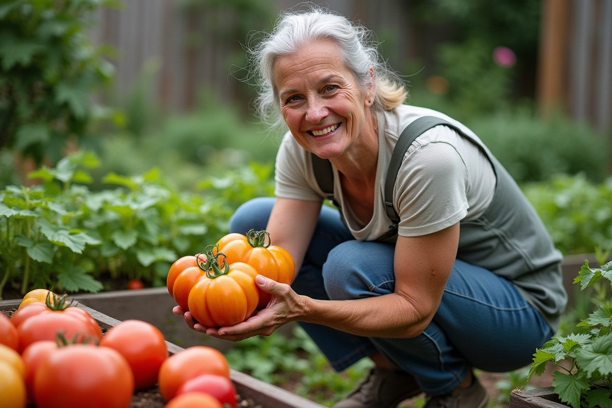 Femme souriante dans le jardin avec tomates heirloom