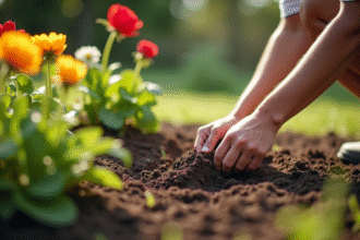 Personne plantant une bordure de fleurs en forme de L dans un jardin lumineux