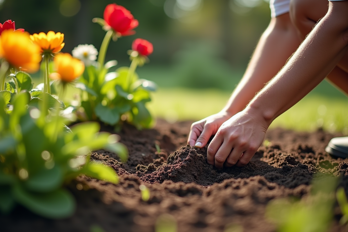 Personne plantant une bordure de fleurs en forme de L dans un jardin lumineux