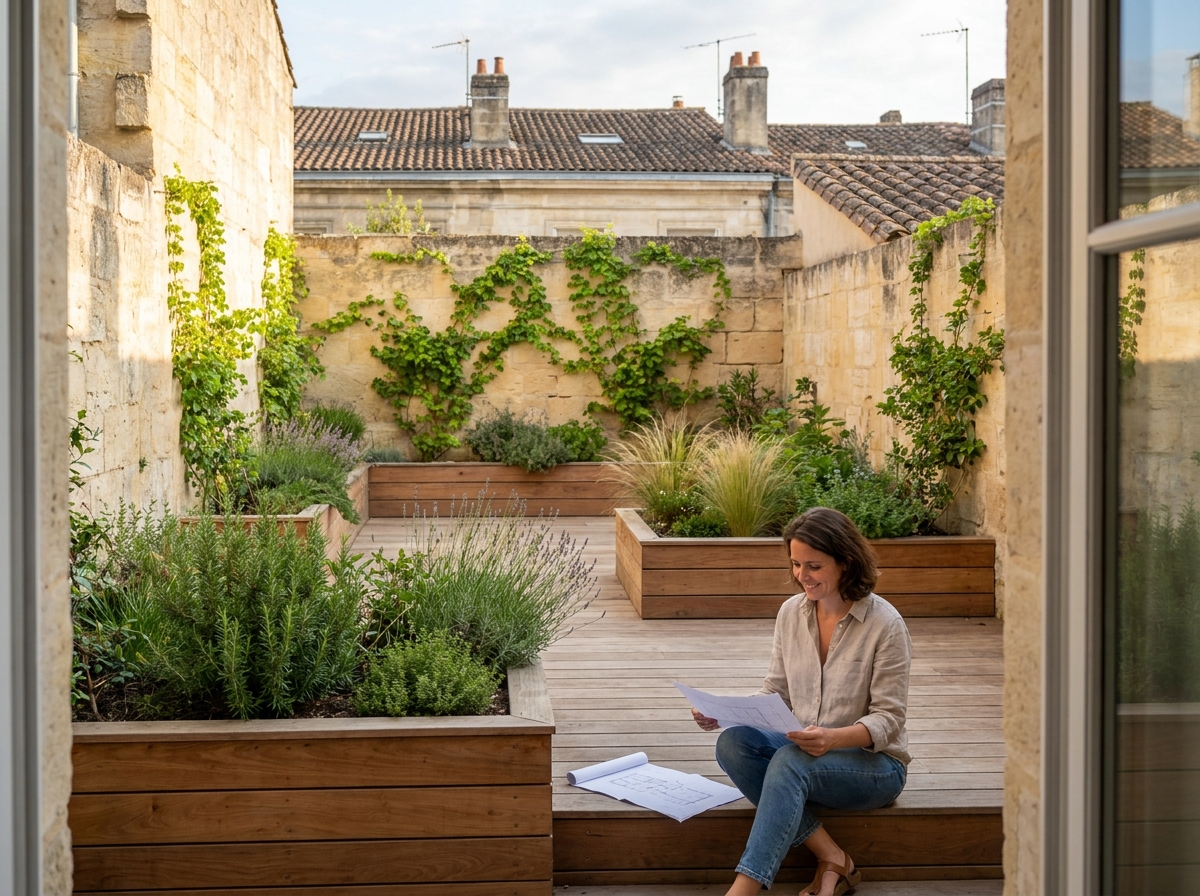 Petit jardin urbain réaménagé par un paysagiste à Bordeaux avec terrasse bois et massifs structurés dans une cour de maison de ville