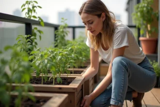 Femme en balcon urbain avec plants de tomates en pot