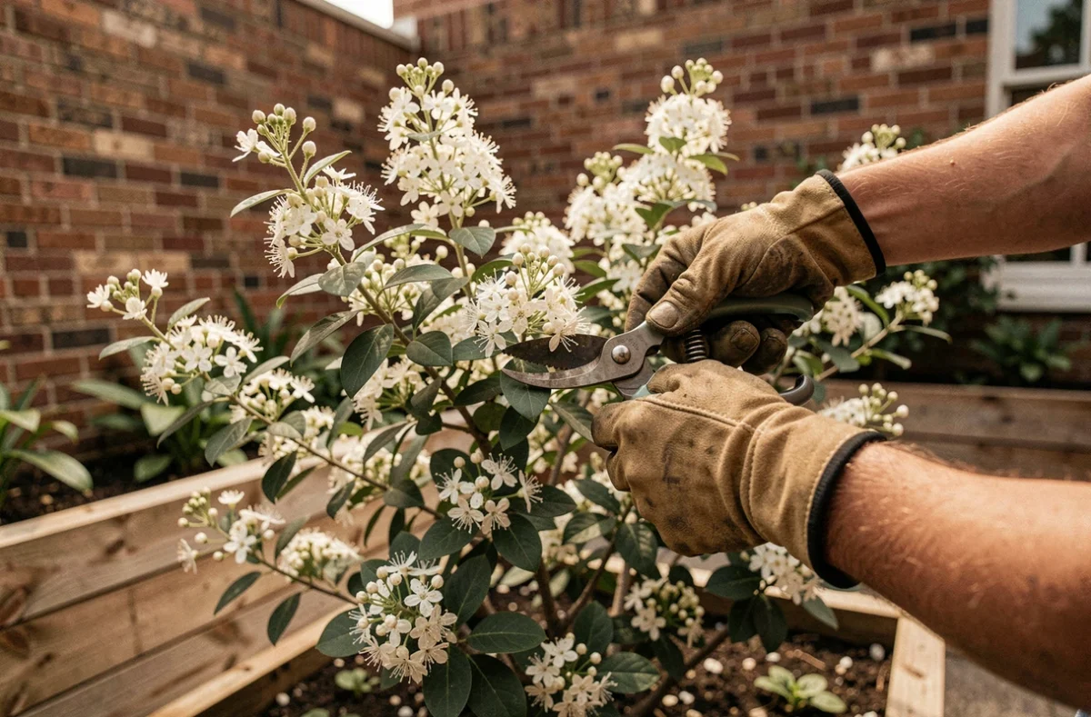 Jardinière entretenant un arbuste à fleurs blanches en pleine floraison printanière dans une cour urbaine mi-ombragée