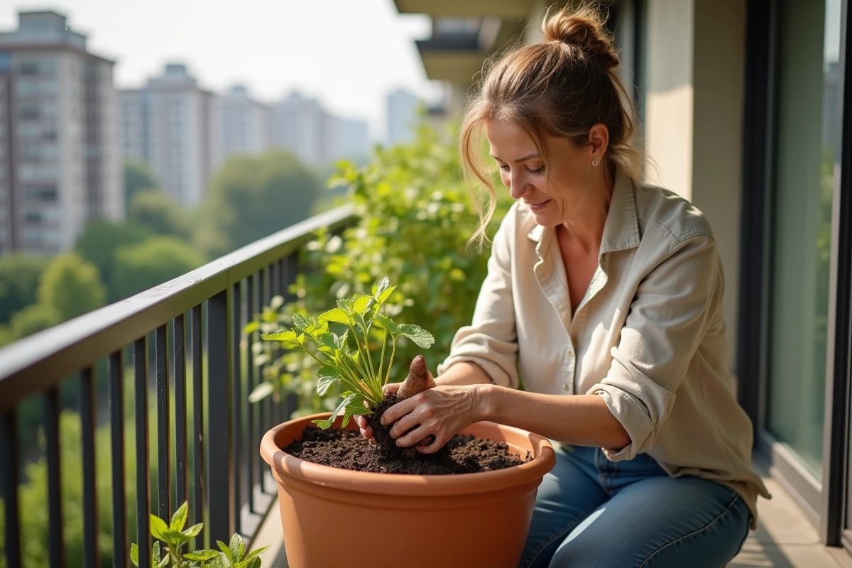 Femme plantant des patates douces sur un balcon ensoleille