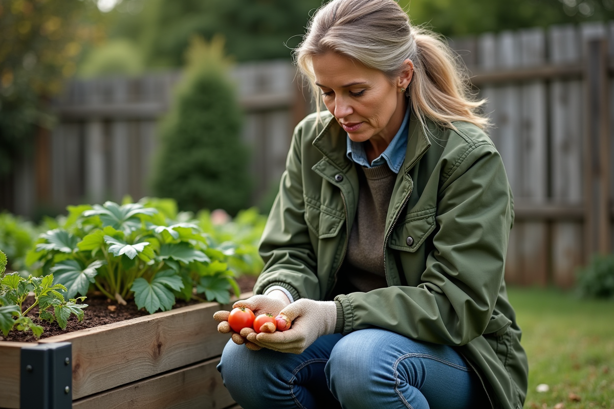 Femme jardinant avec compost dans un jardin verdoyant