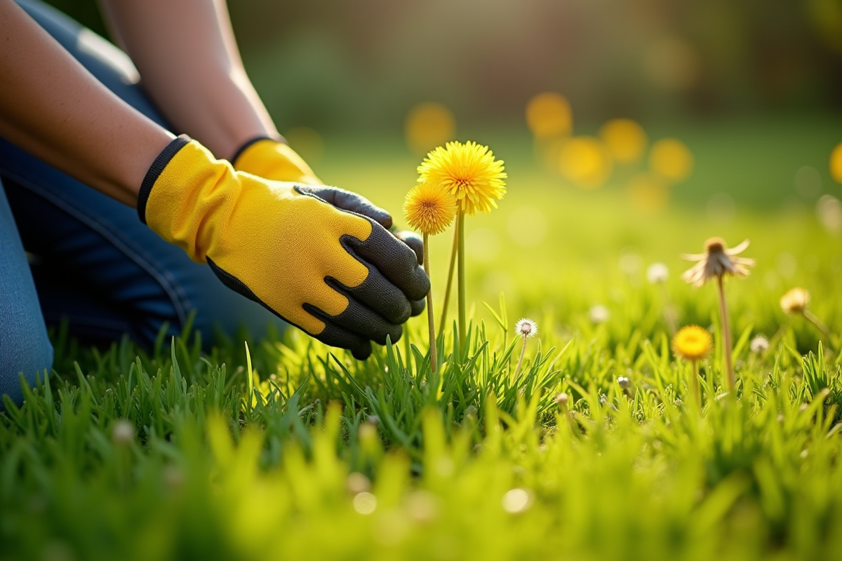 Personne en gants de jardinage arrachant des pissenlits à la main dans un jardin ensoleille