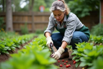 Femme en jardinage taillant des fraisiers dans un potager