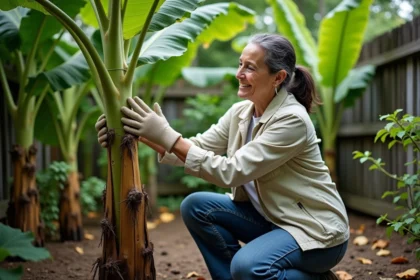 Femme taillant un bananier dans son jardin verdoyant