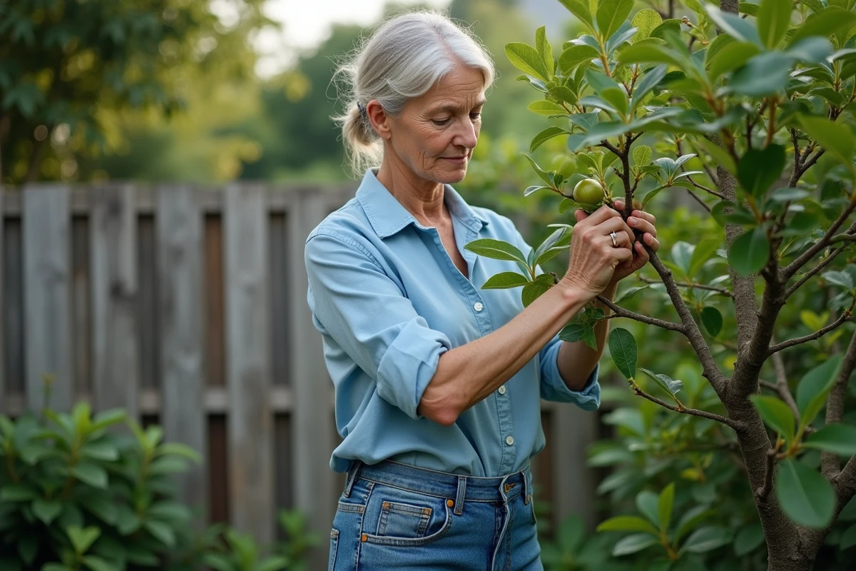 Femme en jardinage prune un jeune goyavier dans son jardin