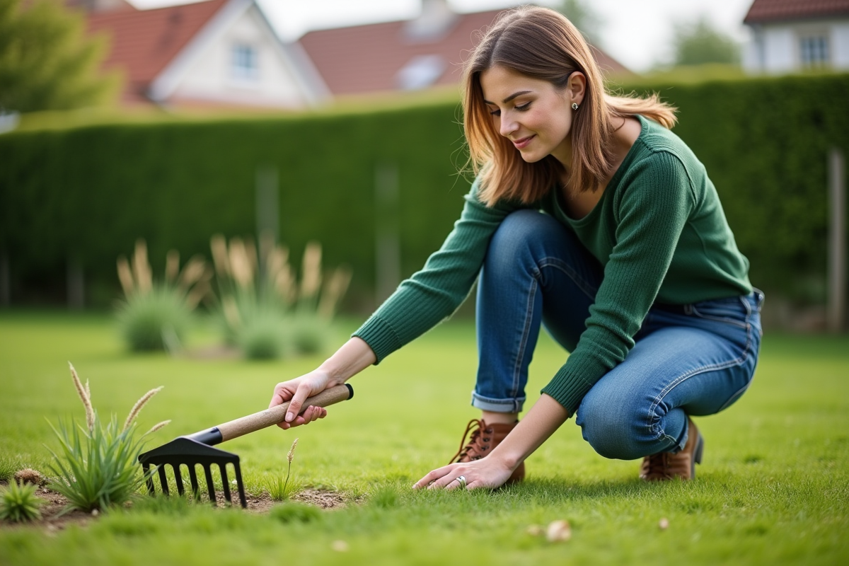 Femme en vert arrosant un jardin en été