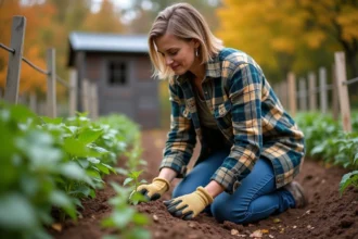 Femme en chemise à carreaux semant des graines de haricots verts dans un jardin d'automne