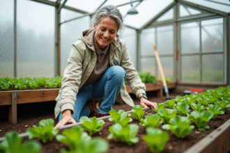 Femme plantant des jeunes laitues dans une serre moderne