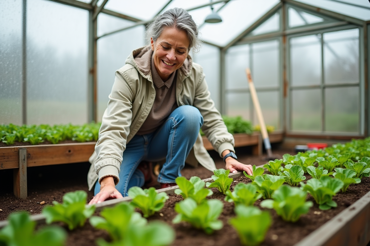 Femme plantant des jeunes laitues dans une serre moderne
