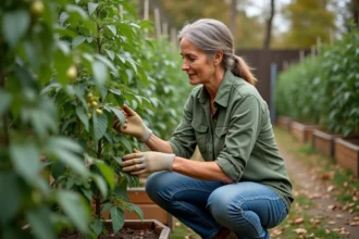Femme d'âge moyen prune un plant de tomates dans un jardin