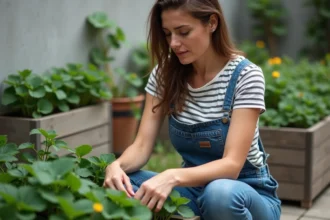Femme en salopette prune des fraisiers en jardin urbain