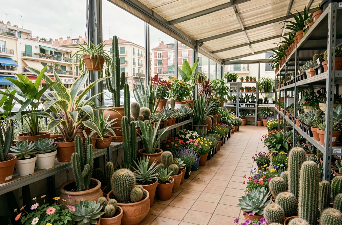 Jardinerie Akou à Marseille avec une large sélection de plantes tropicales, cactées et fleurs colorées dans un espace couvert