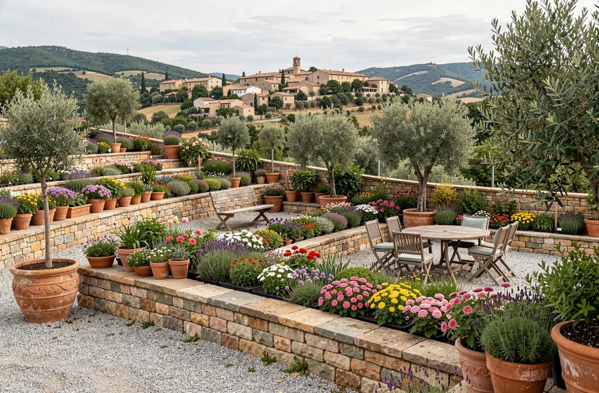Jardinerie Jardivals à Ventabren avec des terrasses fleuries, du mobilier de jardin et une vue sur le village provençal en arrière-plan