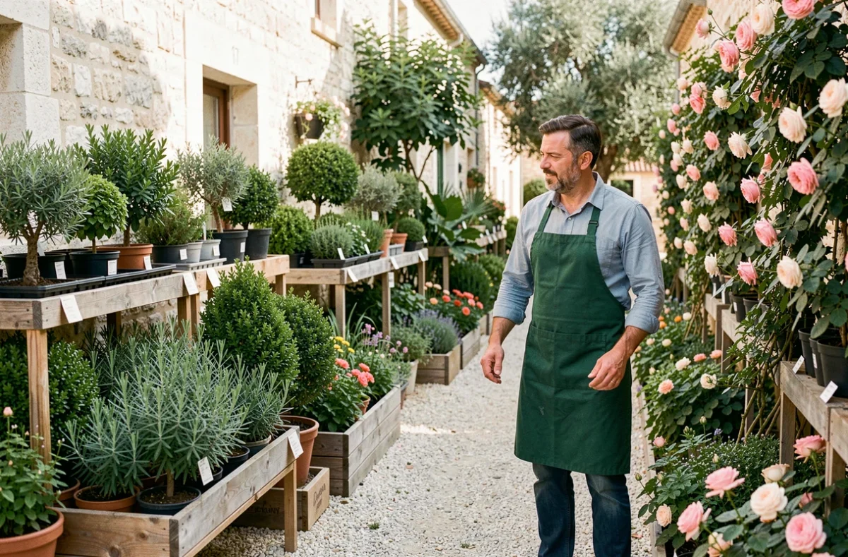 Un jardinier en tablier vert conseille un client parmi les arbustes méditerranéens et les rosiers de la jardinerie Riera à Venelles