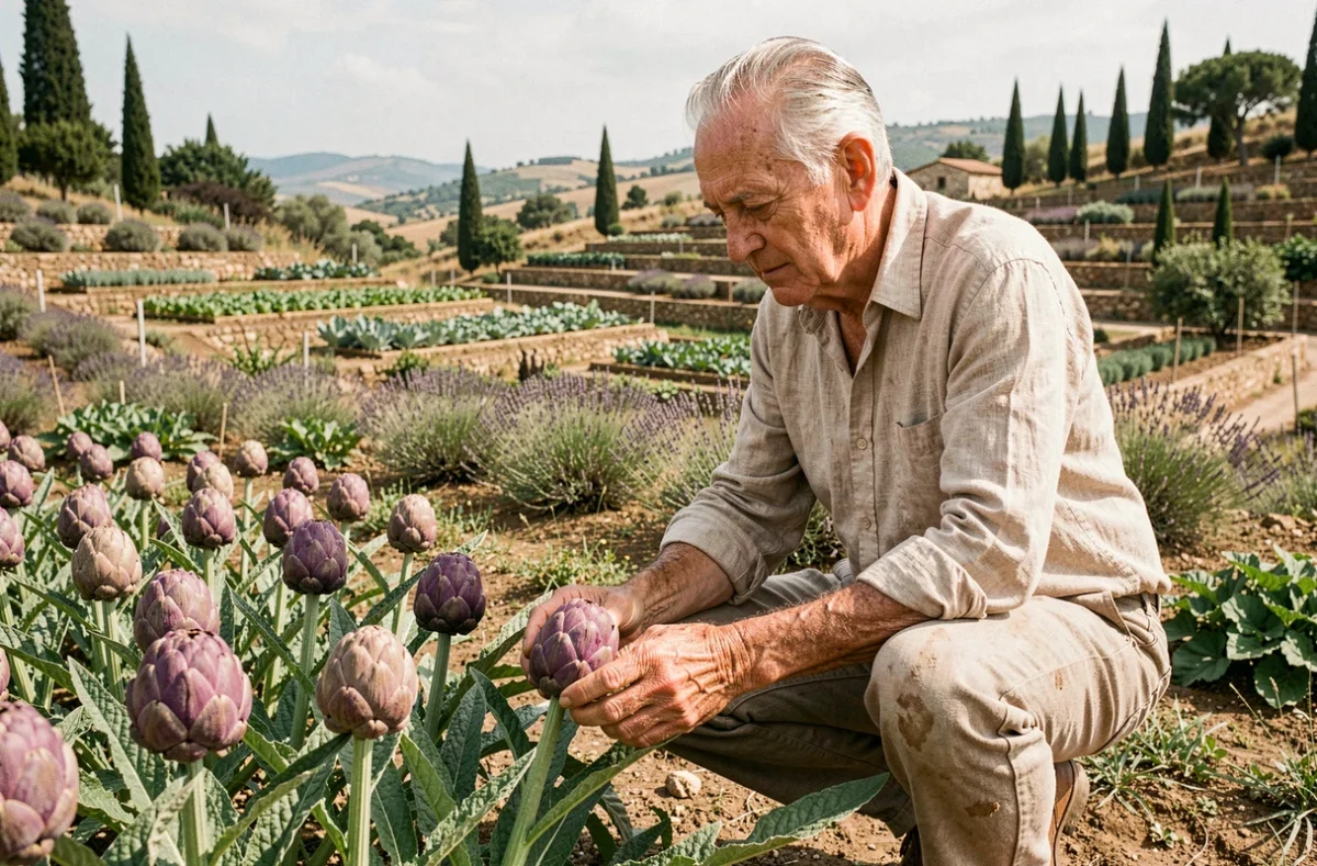 Jardinier âgé inspectant un artichaut violet romanesco dans un potager en terrasse de Provence