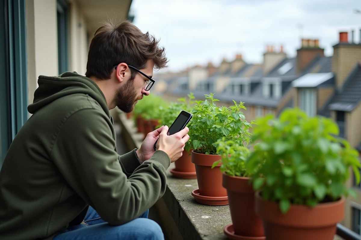 Homme jardinier urbain utilisant PlantNet pour identifier des herbes aromatiques sur un balcon d'appartement avec vue sur la ville