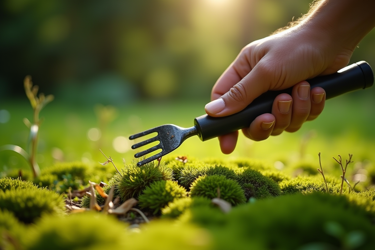 Jardinier retire la mousse du gazon avec un petit râteau
