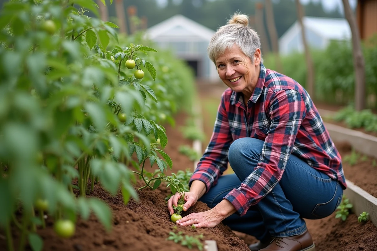 Femme au jardin transplantant des jeunes plants de tomates